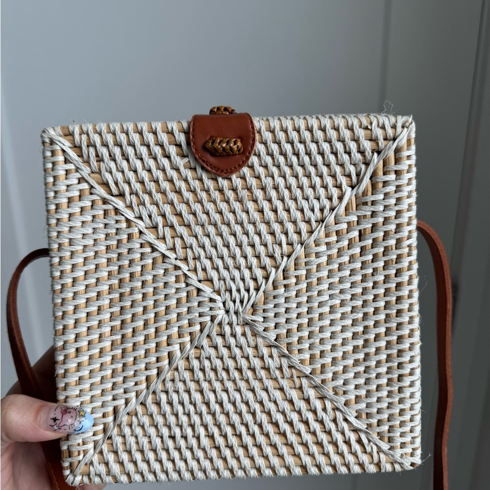 Woven Straw Crossbody Bag with Brown Leather Strap - Picture 2 of 5